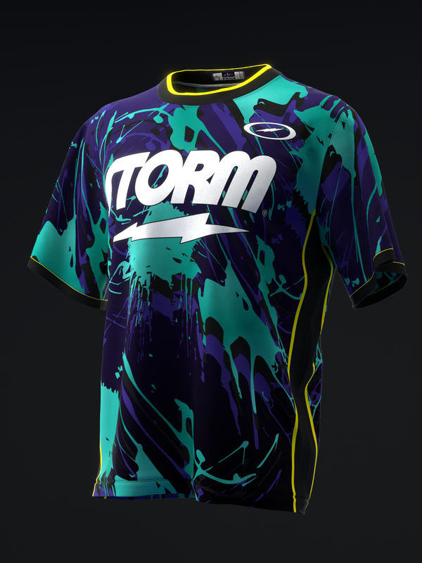 Bowling jersey with purple and teal abstract pattern, white Storm logo, yellow trim detail
