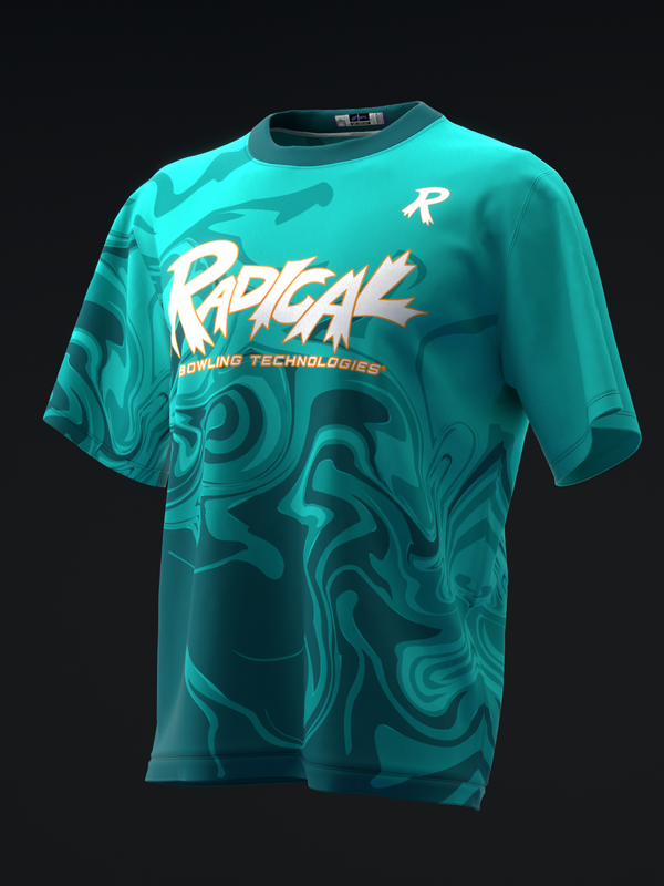 Turquoise bowling jersey with white Radical logo and swirling abstract pattern throughout