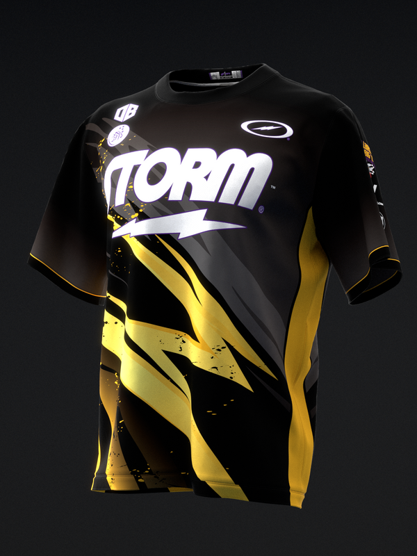 Black bowling jersey with yellow lightning bolt design and Storm logo on front