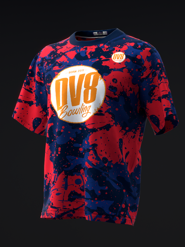 Red and navy splatter pattern bowling jersey with DV8 logo circle, front view