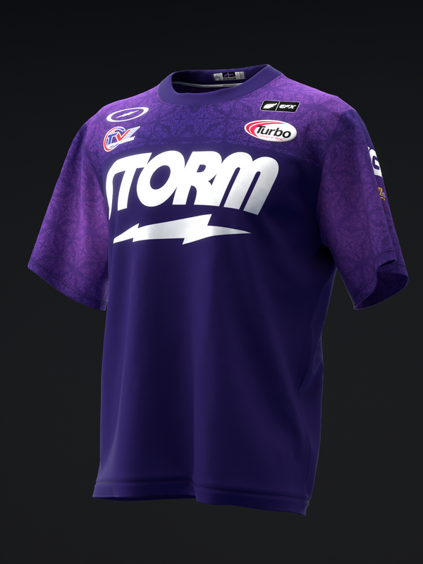 Purple bowling jersey with white Storm logo and sponsor patches on front
