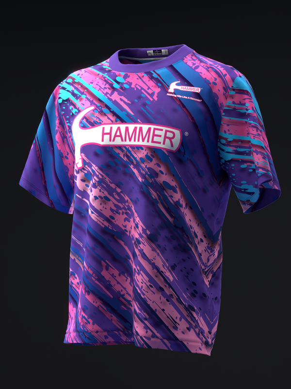 Hammer bowling jersey with pink and blue abstract paint splatter pattern, front view