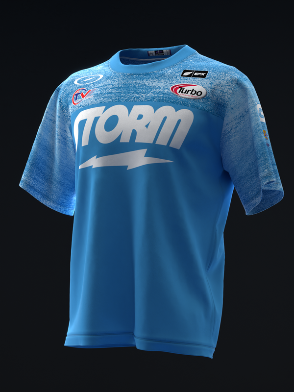 Blue bowling jersey with Storm logo and sponsor patches, front view