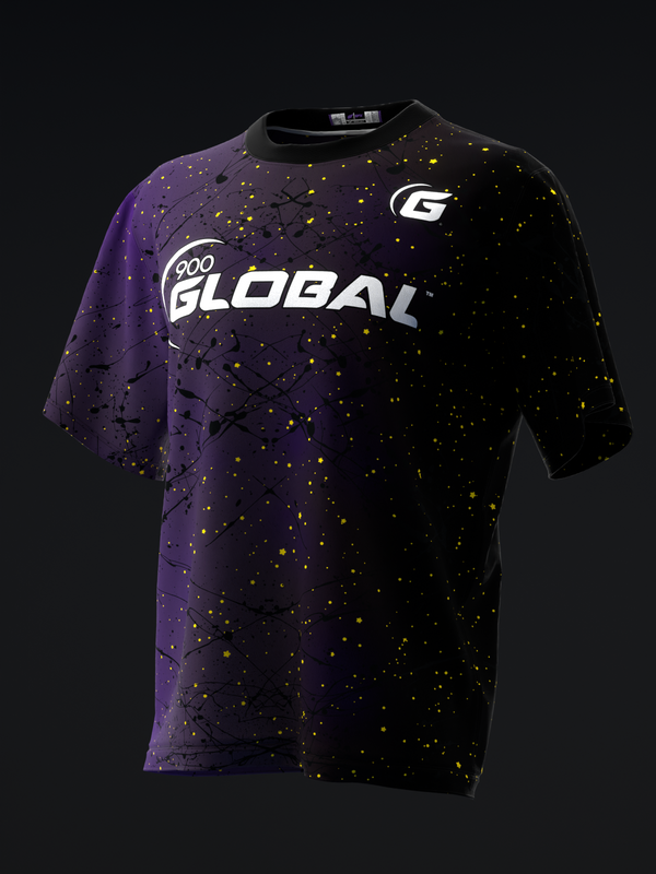 Black bowling jersey with purple gradient and gold splatter pattern design