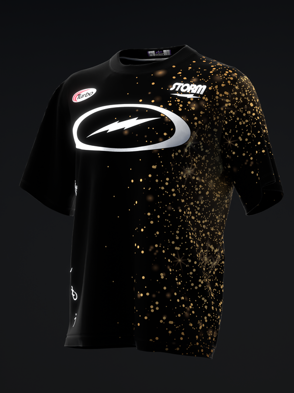 Black bowling jersey with white oval logo and gold glitter gradient pattern