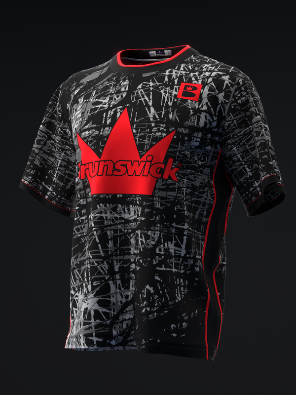 Black bowling jersey with red crown graphic and abstract scratch pattern detail