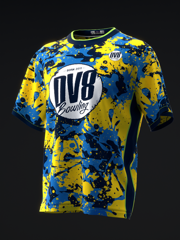 DV8 bowling jersey with blue and yellow splatter pattern, front view