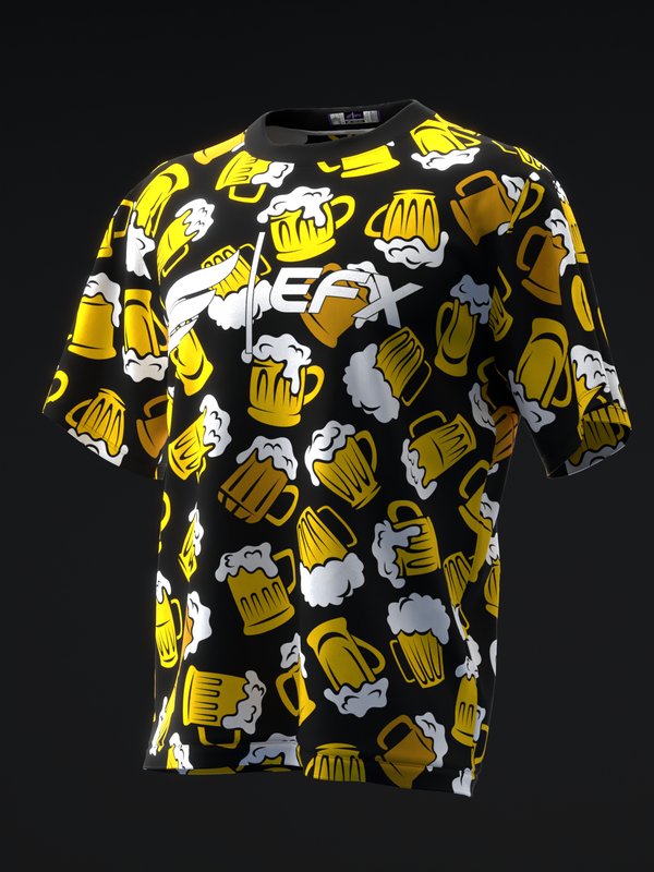 Black bowling jersey with yellow beer mugs and white foam pattern, front view