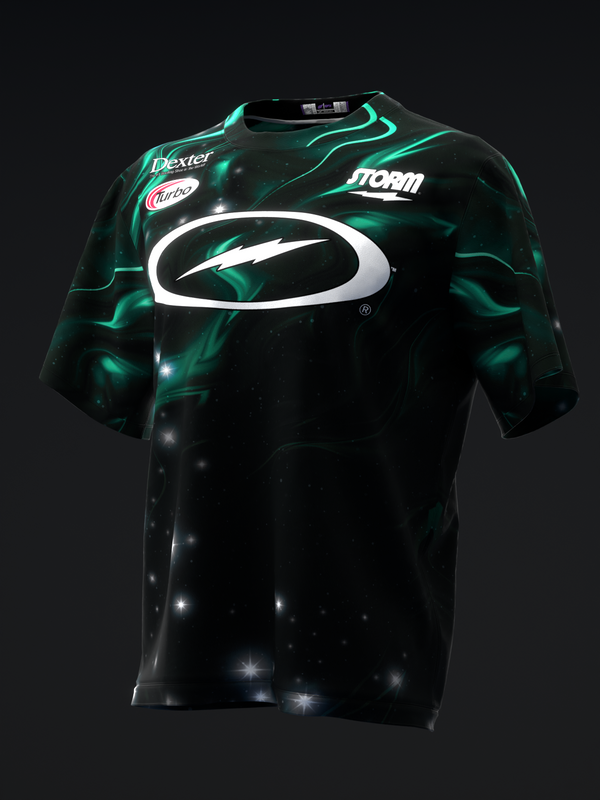 Black and teal bowling jersey with Storm logo and sponsor graphics front view