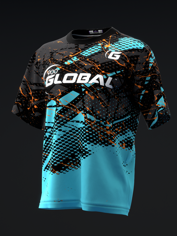 Black and cyan bowling jersey with hexagon pattern and orange splatter design