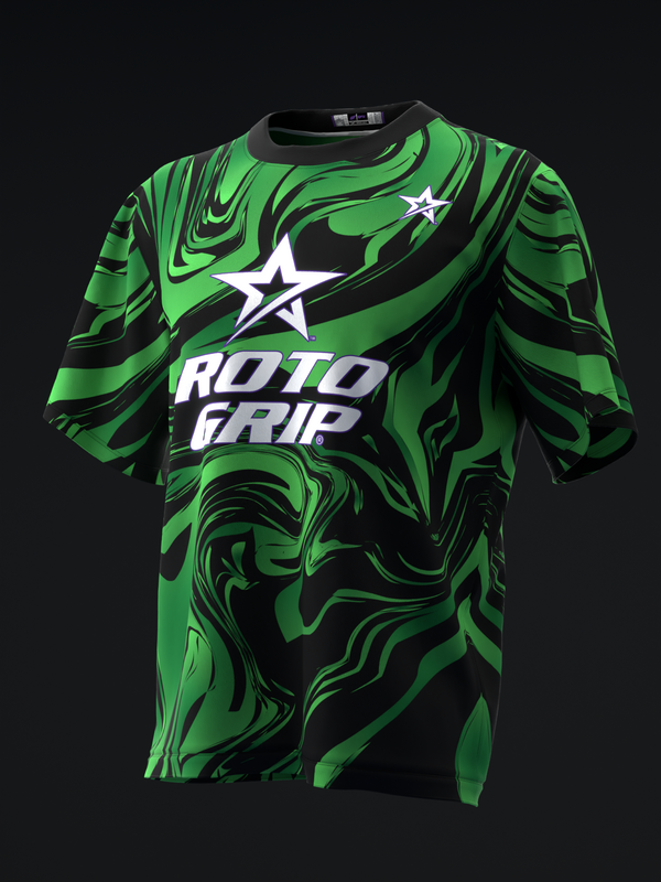 Green and black swirled bowling jersey with white star and Roto Grip logo