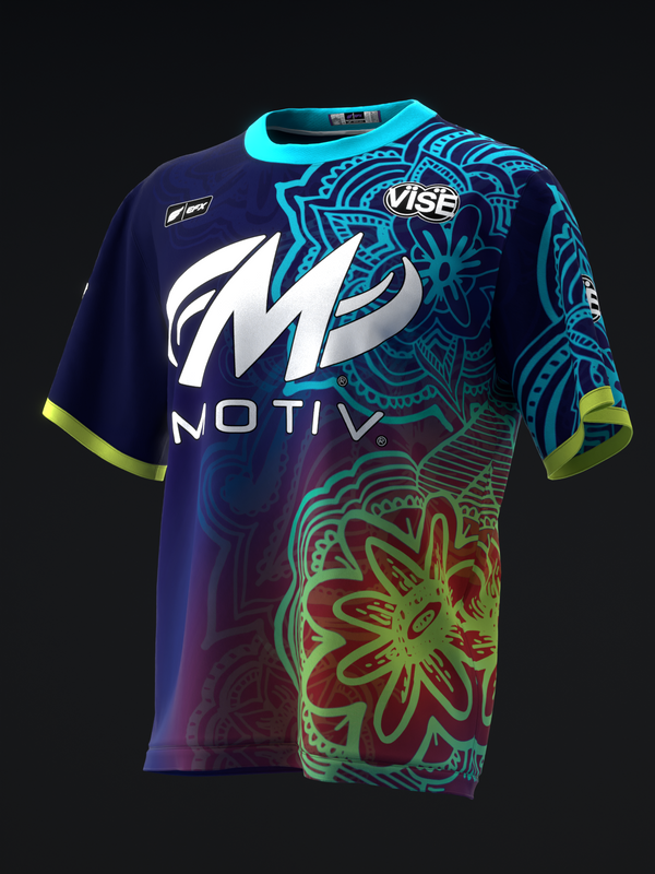 Navy bowling jersey with cyan and neon accents, ornamental mandala design front view