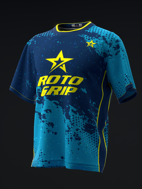 Blue bowling jersey with yellow star logo and Roto Grip text, front view