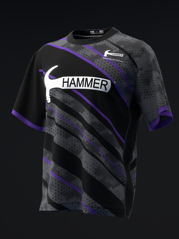 Black bowling jersey with purple accents and diagonal stripe pattern design front view