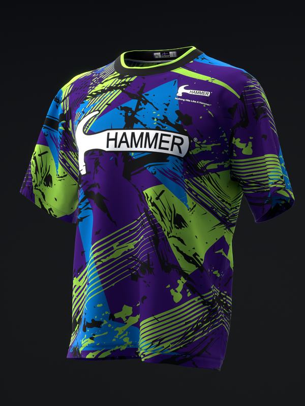 Hammer bowling jersey front view with purple, blue, neon yellow graphic print pattern