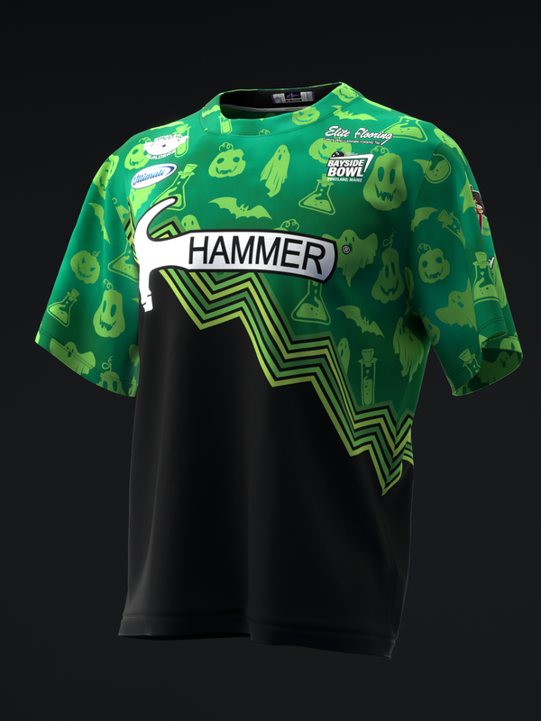 Green and black bowling jersey with Hammer logo and Halloween-themed graphic design