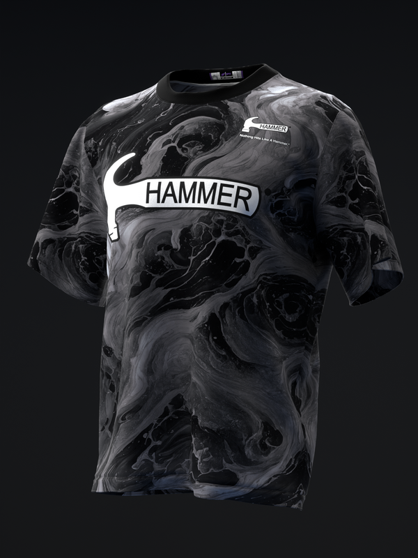 Black bowling jersey with white Hammer text and swirled marble pattern design, front view