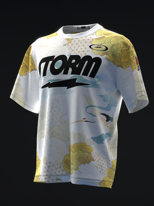 White bowling jersey with yellow crane and fish graphic design, front view