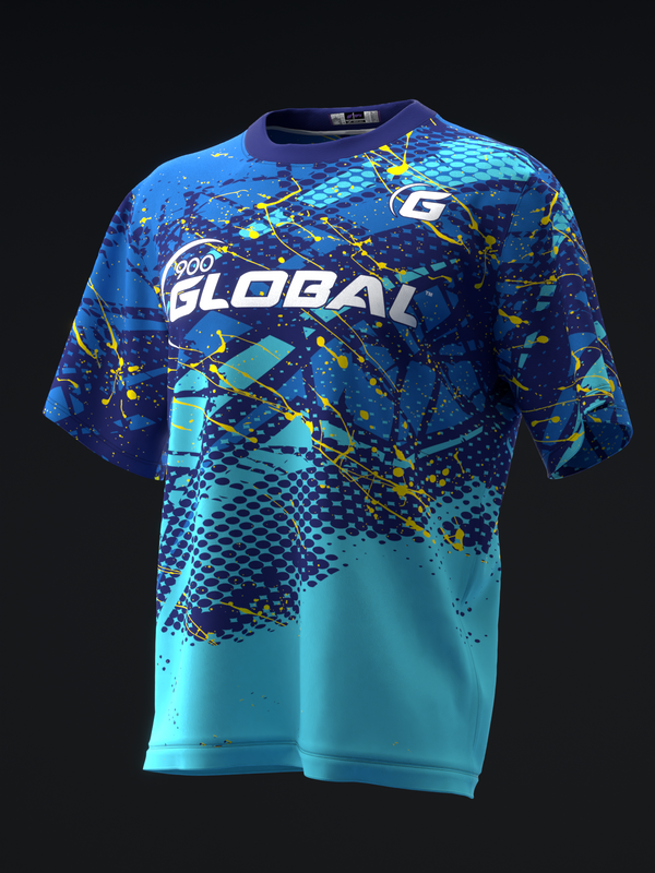 Blue bowling jersey with Global text, cyan hexagon pattern, and yellow splatter design