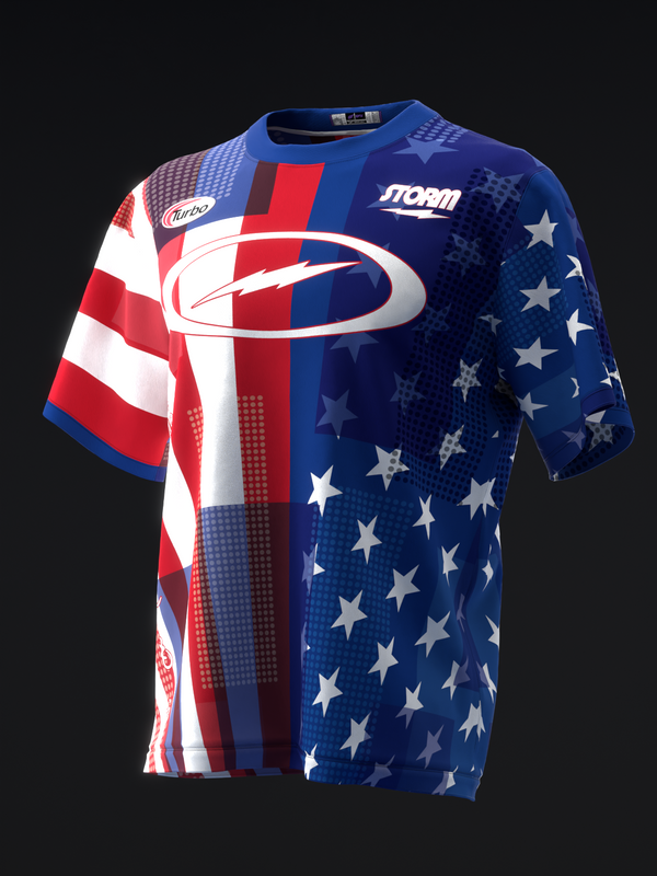 Blue and red bowling jersey with stars, stripes, and oval logo, front view