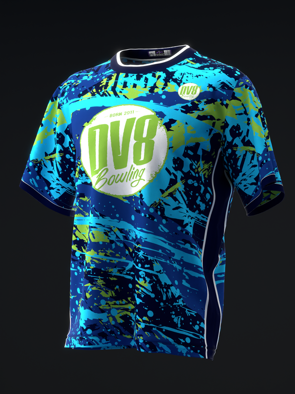 Blue bowling jersey with cyan and lime splatter pattern and circular DV8 logo, front view