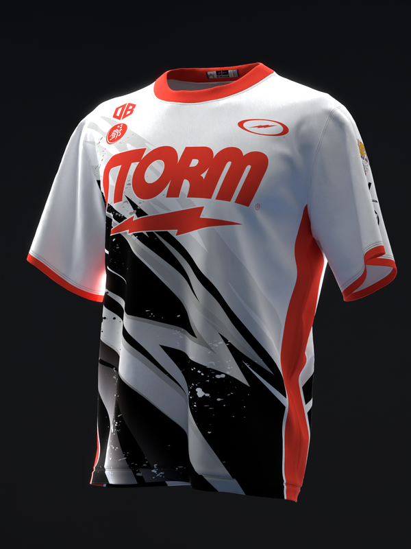 White bowling jersey with red trim and black lightning bolt graphic