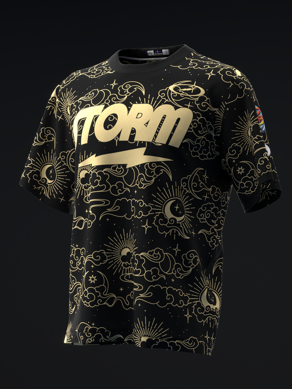 Black bowling jersey with gold celestial pattern and large gold STORM text front.