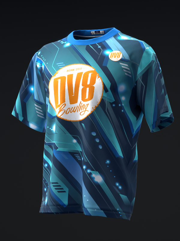 Blue bowling jersey with geometric pattern and orange DV8 logo circle, front view