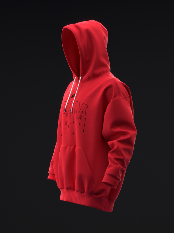 Red pullover hoodie with embroidered chest graphic, side angle view