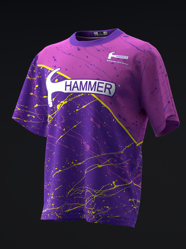 Hammer bowling jersey with purple and yellow lightning bolt graphic design, front view