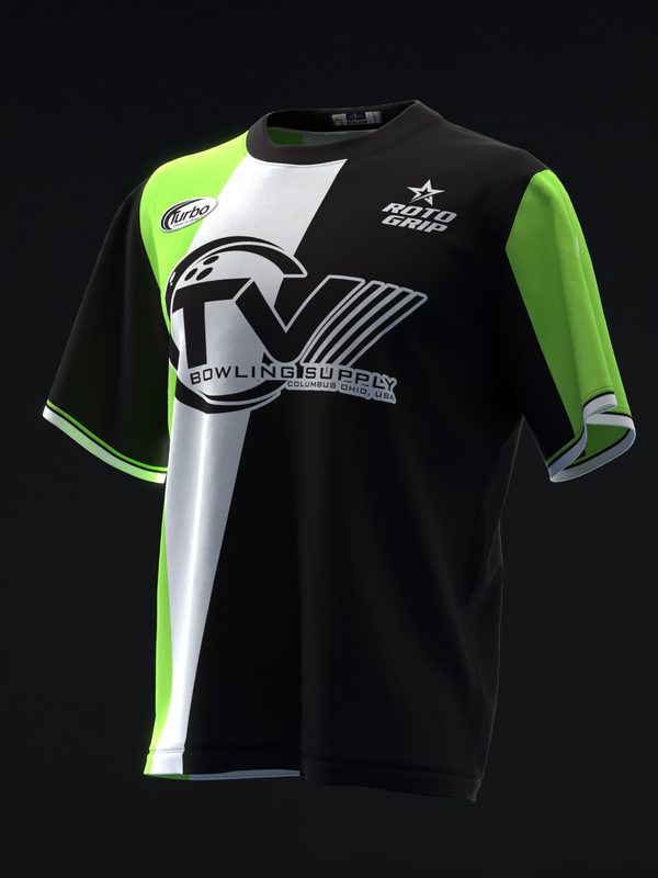 Black bowling jersey with neon green sleeves and white vertical stripe accents