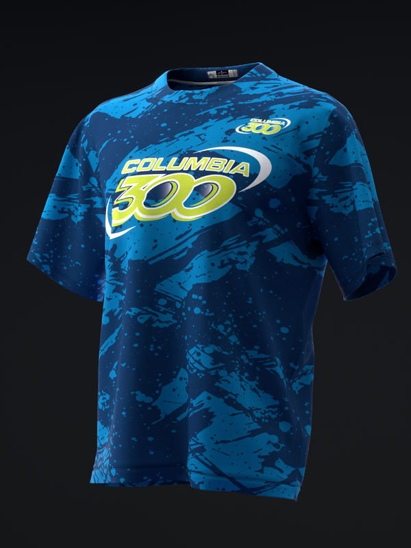 Blue splatter-pattern bowling jersey with yellow Columbia 300 logo on front