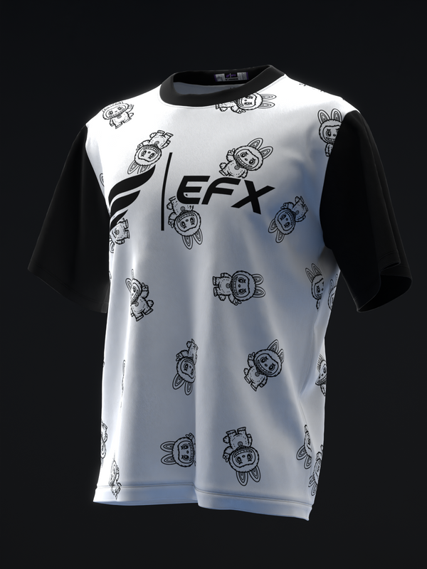 White bowling jersey with black sleeves and EFX logo with cartoon character pattern