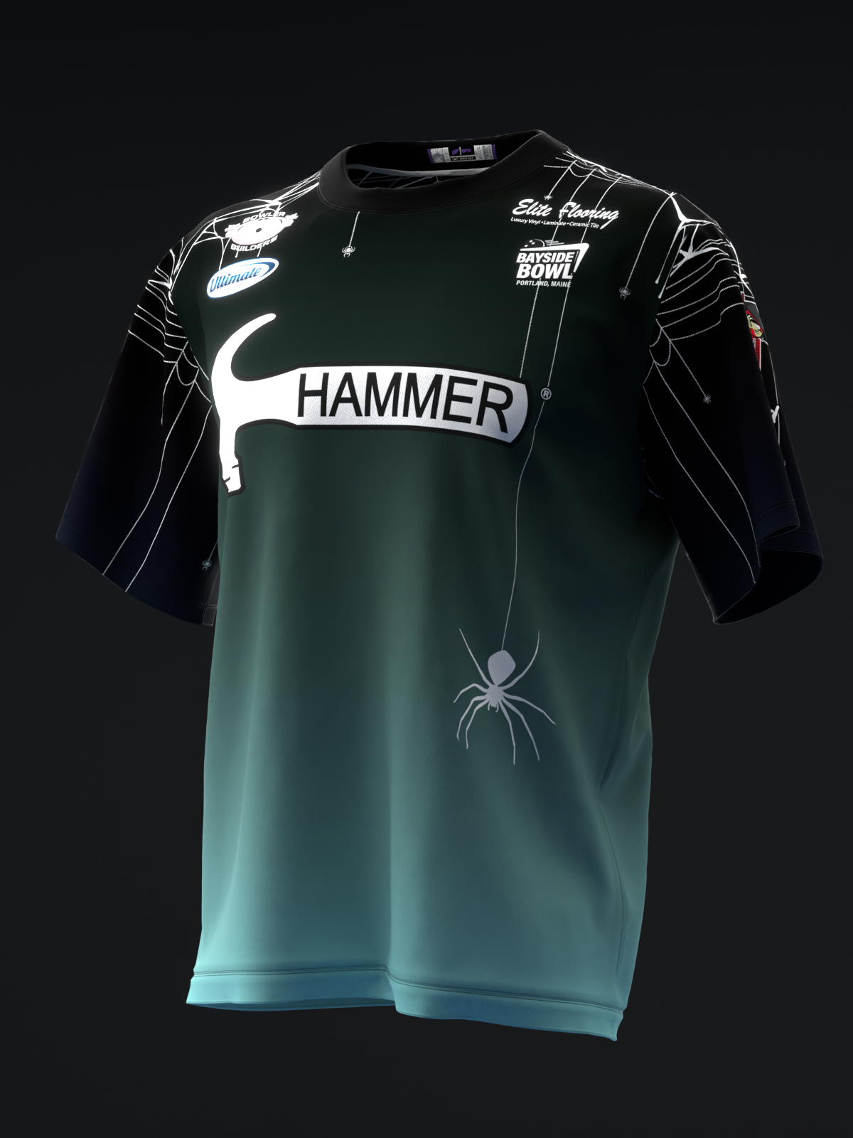 Teal and black bowling jersey with Hammer logo and hanging spider graphic