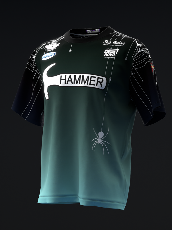Teal and black bowling jersey with Hammer logo and hanging spider graphic