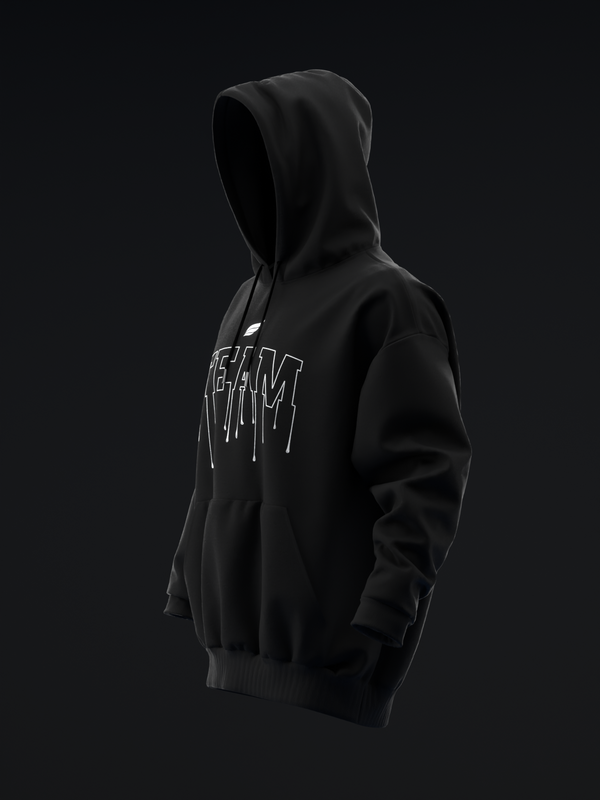 Black pullover hoodie with dripping Team text graphic on chest, side view