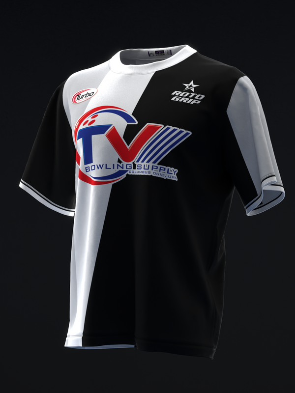 Black and white bowling jersey with red and blue checkmark logo and stripes