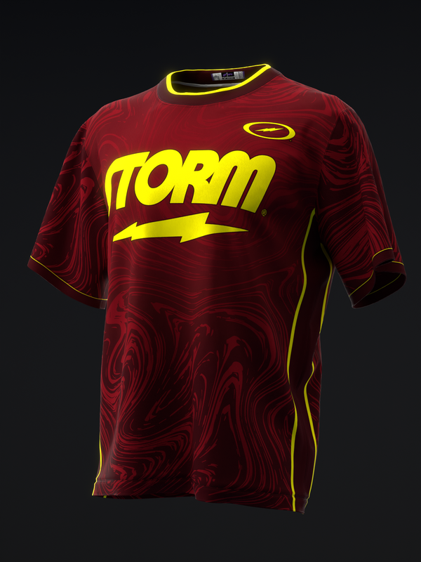 Red bowling jersey with yellow Storm graphic and abstract swirl pattern, front view