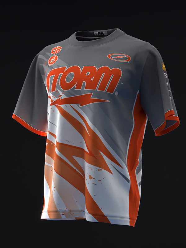 Gray and orange bowling jersey with lightning bolt graphic and Storm text
