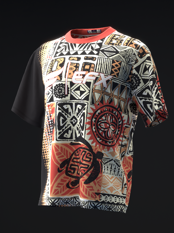 Front view bowling jersey with coral neckline and abstract geometric tribal pattern throughout