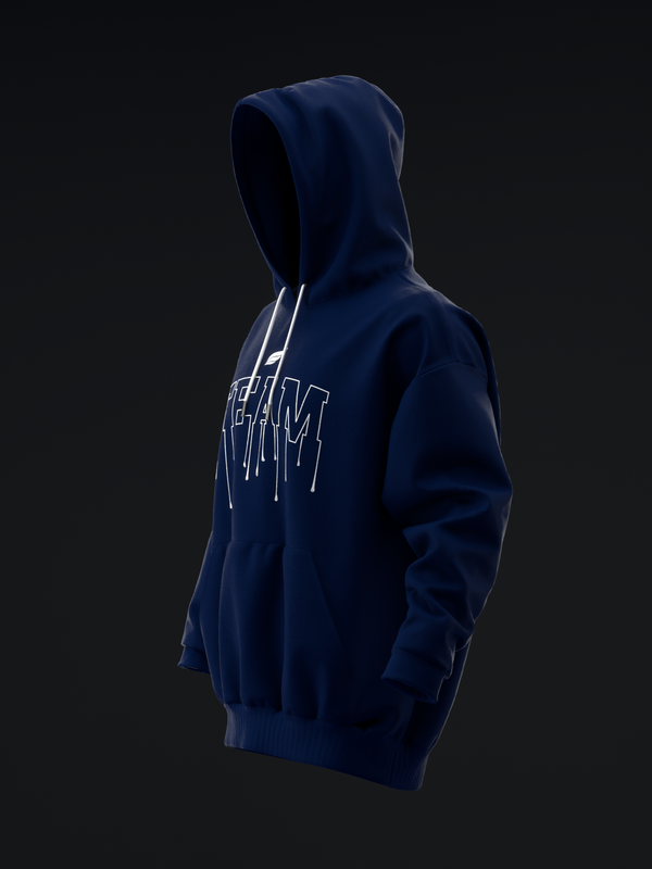 Navy pullover hoodie with white outlined Team graphic on chest, side view