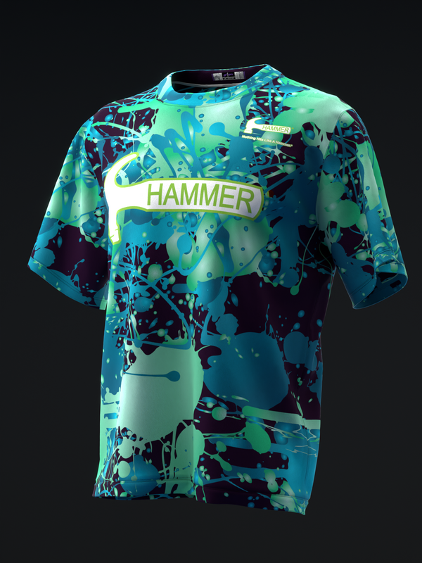 Turquoise and navy bowling jersey with Hammer text and splatter pattern design, front view