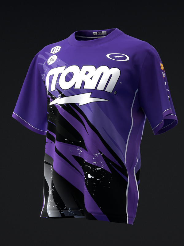 Purple bowling jersey with Storm branding and black lightning bolt graphic design