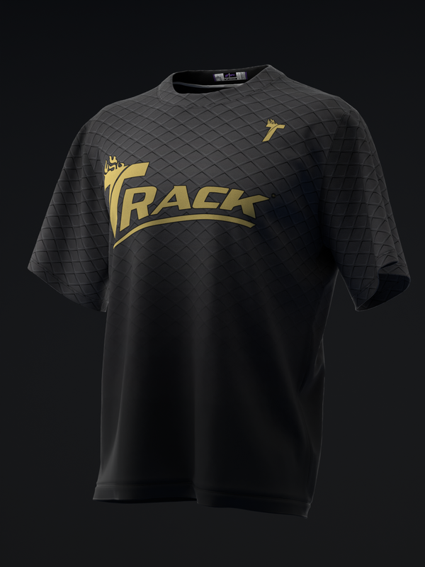 Black bowling jersey with gold Track logo and quilted shoulder design, front view