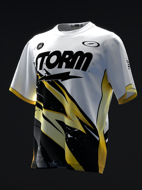 White bowling jersey with black and yellow lightning graphic design, front view