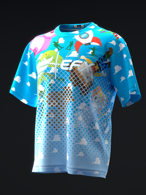 Bright blue bowling jersey with cloud and toy-themed graphic design on front