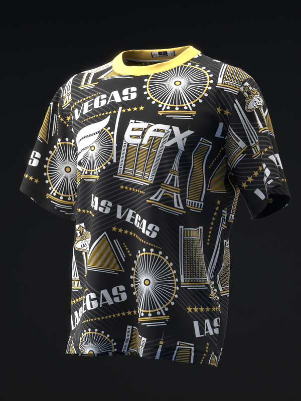 Black bowling jersey with gold and white Vegas-themed graphic pattern and yellow neckline