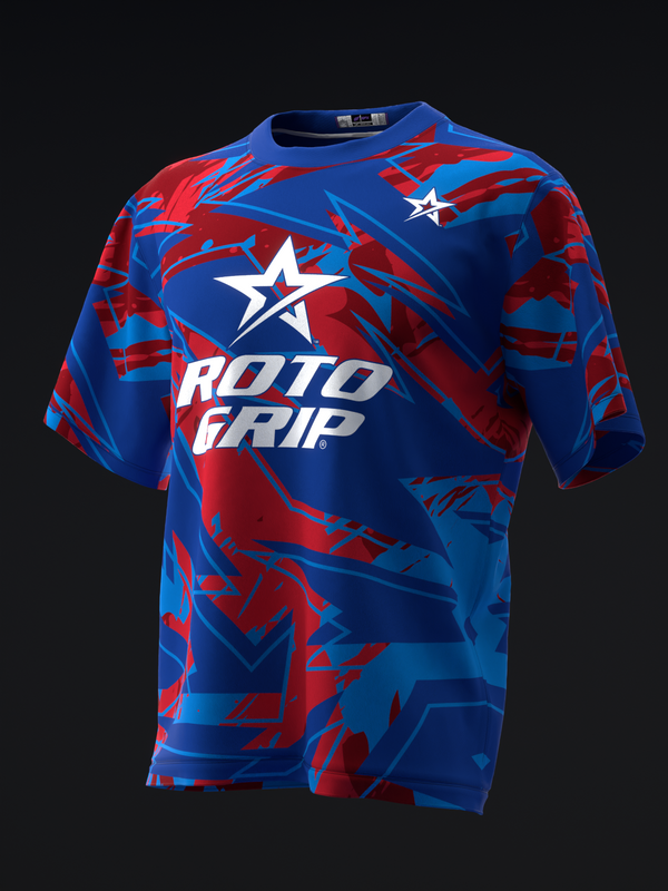 Blue and red bowling jersey with Roto Grip logo and star graphic, front view