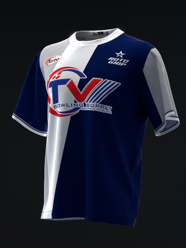 Navy and white bowling jersey with red checkmark logo and stripes, front view