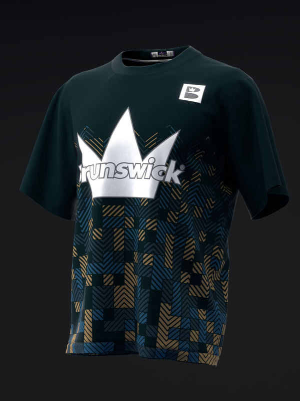 Black Brunswick bowling jersey with white crown logo and geometric pattern below